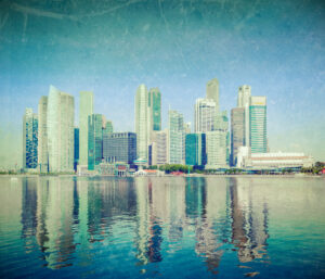 Modern city skyline Modern city skyline of business district downtown of Singapore in day with grunge texture overlaid