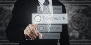 Businessman Pressing Button Icons on Virtual Screen Teamwork #image_title